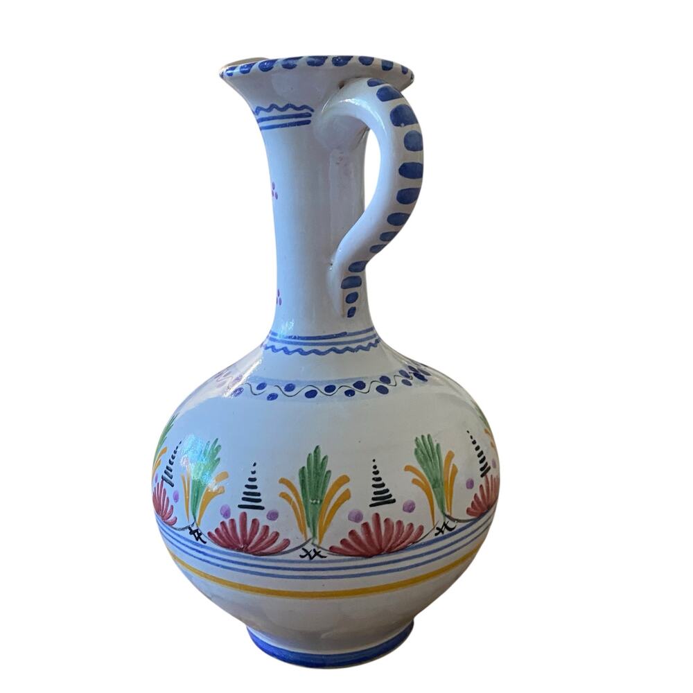 8" Tall Hand Painted Ceramic Pitcher - Floral White and Blue - Made in Spain